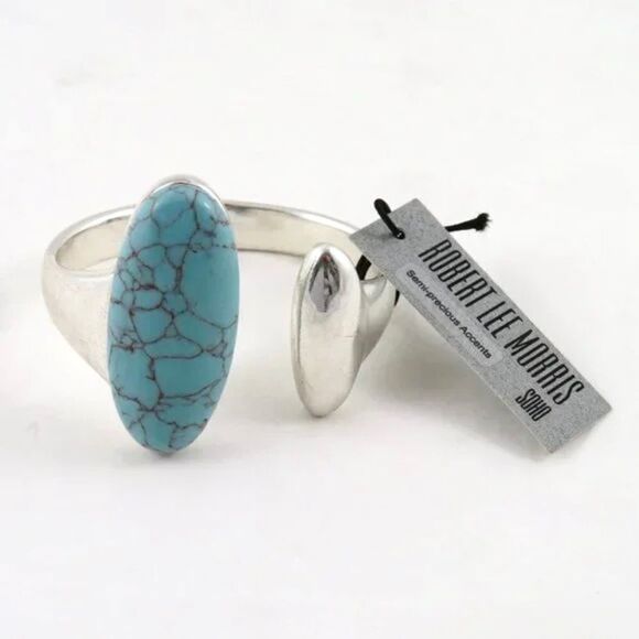 New Robert Lee Morris Soho Silver Sculptural Hinged Turquoise Bangle Bracelet - Picture 1 of 16